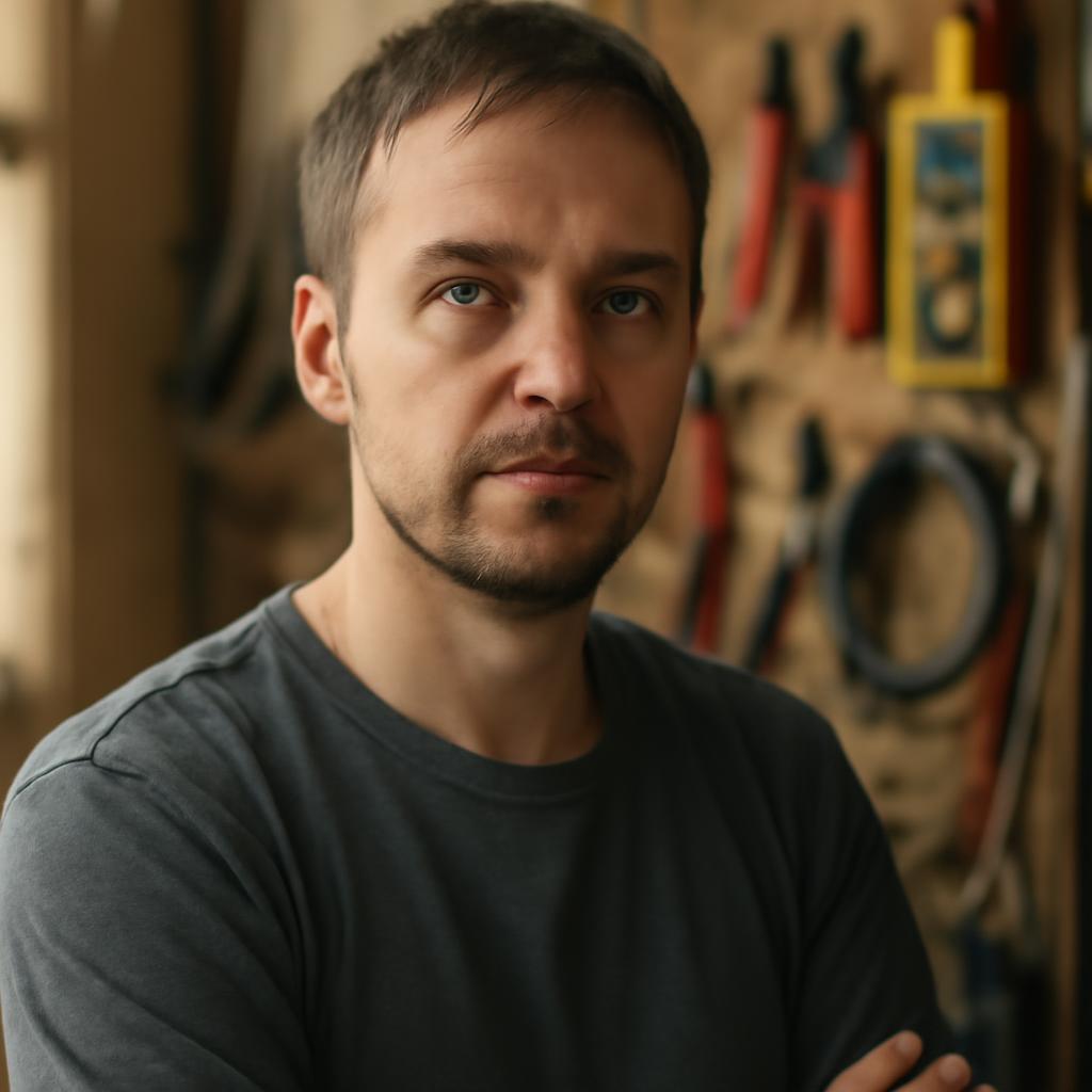 Сергей Волков — портрет автора в мастерской с инструментами для электротехники